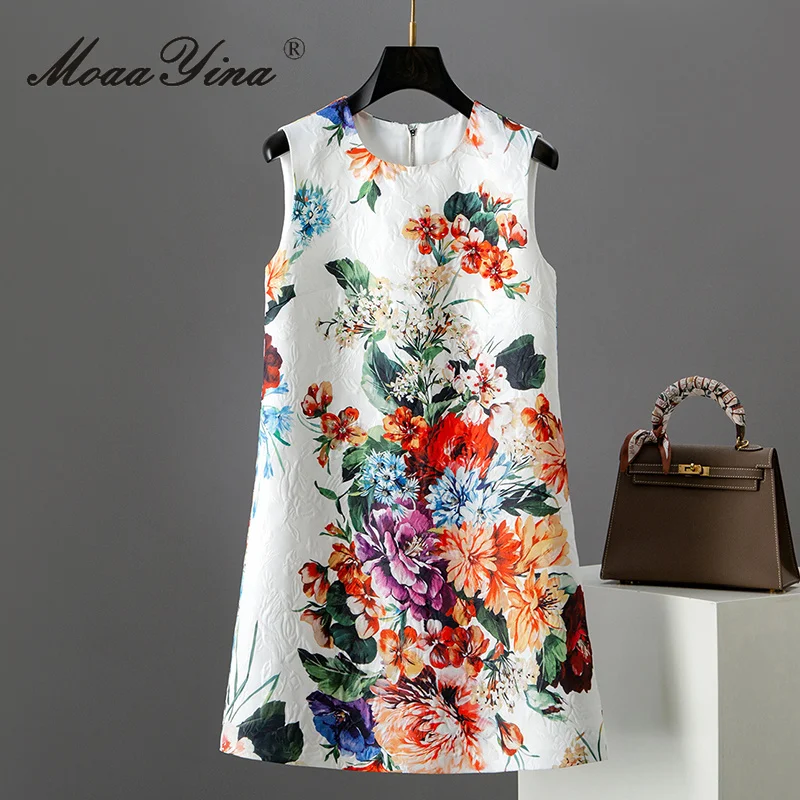 MoaaYina 2025 Herbst Neue Kollektion Bedrucktes Ärmelloses Damenkleid Langes Jacquard-Kleid Lockerer Rundhalsausschnitt Premium-Gefühl