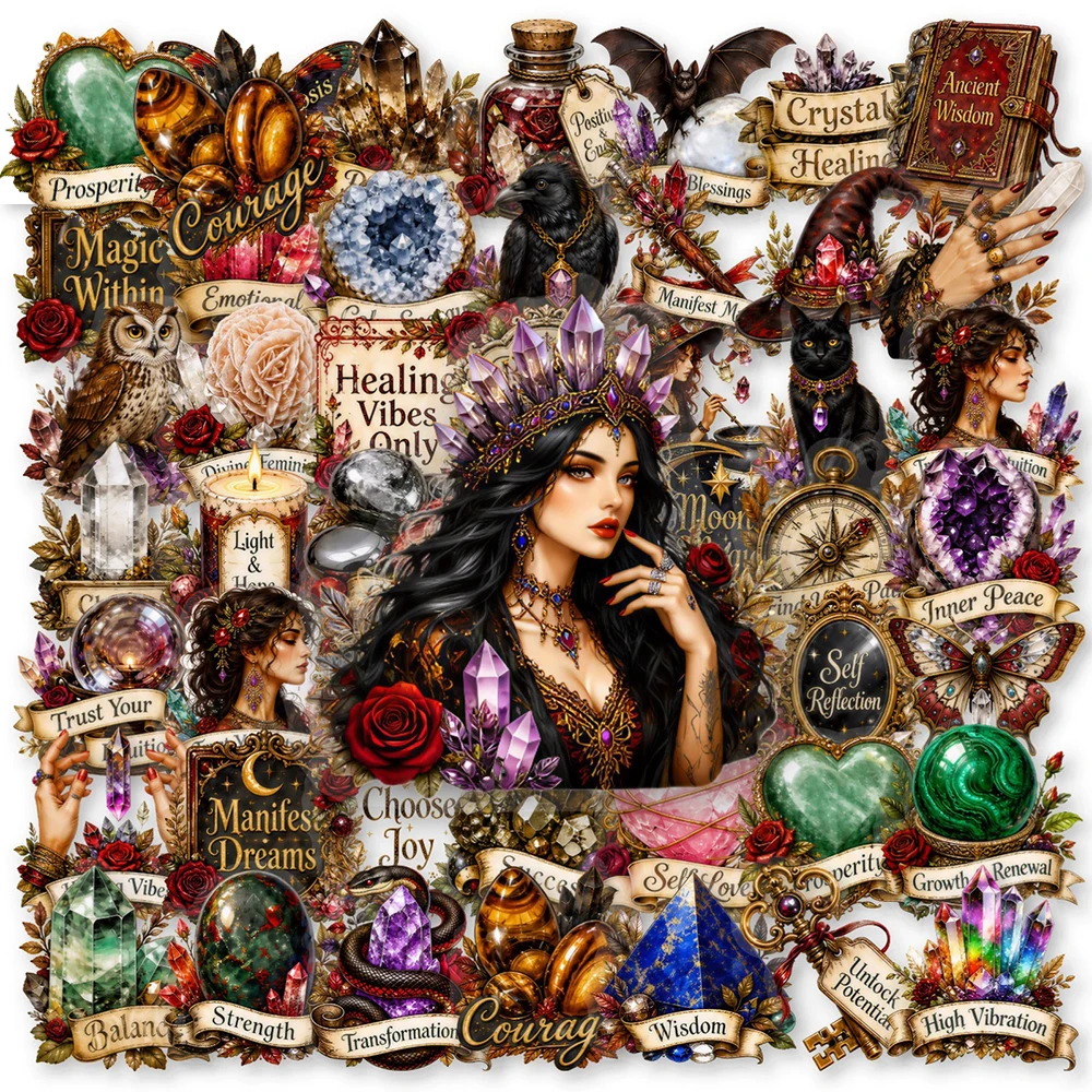 10/30/50pcs Transparent Retro Magic Crystal Stickers Vintage Witch Aesthetic Sticker Notebook Guitar Laptop Phone Decals Packing