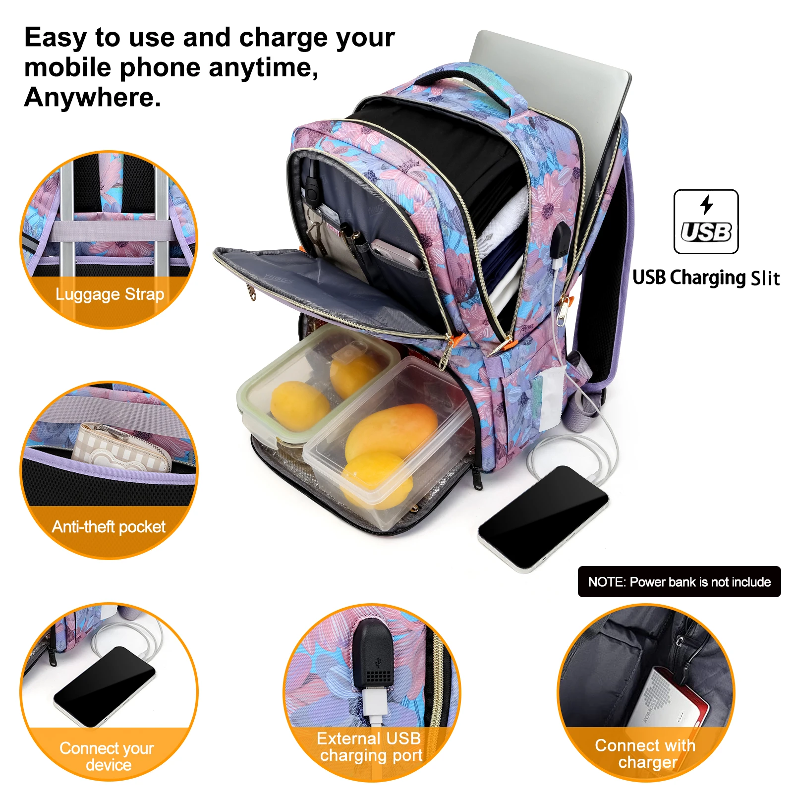 Lunch Backpack Insulated Cooler Picnic Bag Women\'s Camping Backpack Lunch Box with USB Port 15.6 Inch Laptop Waterproof Backpack