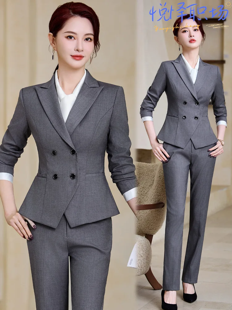 

Gray short-sleeved dark striped blazer suit for women2025New Spring Korean Style Professional Formal Interview Workwear