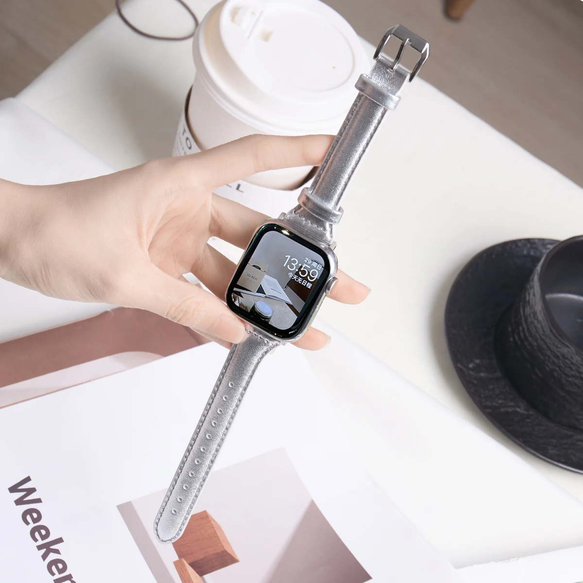 Slim Leather strap for Apple Watch Band 49mm 45mm 41mm 44mm 40mm Silver bracelet for iWatch ultra Series 9 8 7 6 SE 5 4 3 2 1