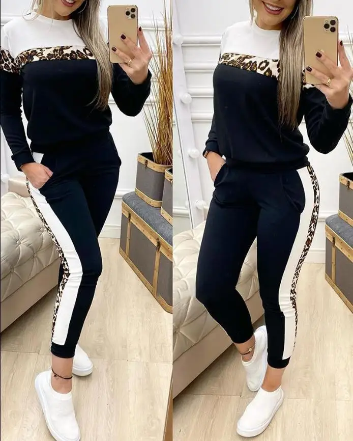 Women's Spring and Autumn Set Round Neck Versatile Commuter Fashion Casual Cheetah Printed Color Block Top and Pants Set