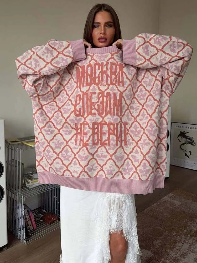 

BKQU ﻿Fashion Letter Print Knit Pullover Women's Oversize Long Sleeve O-neck Classic Sweater 2025 Autumn Lady Casual Jumper Top