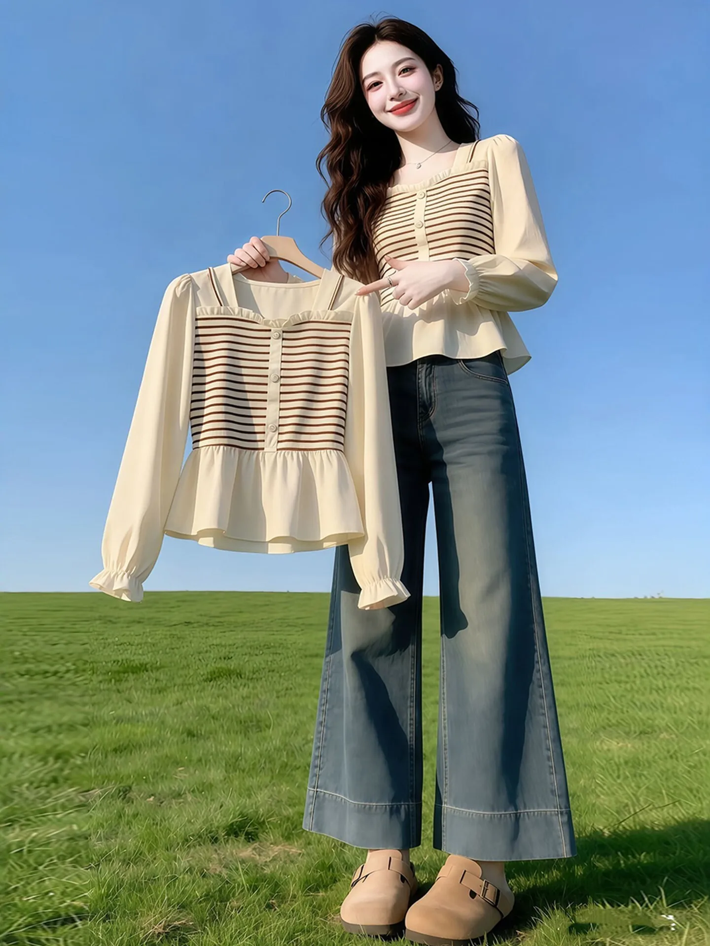 

Slimming Effect Square Collar Long Sleeve Striped Women's Shirt Spring 2026 New Style Waist Cinched Fake Two-Piece Chiffon To...