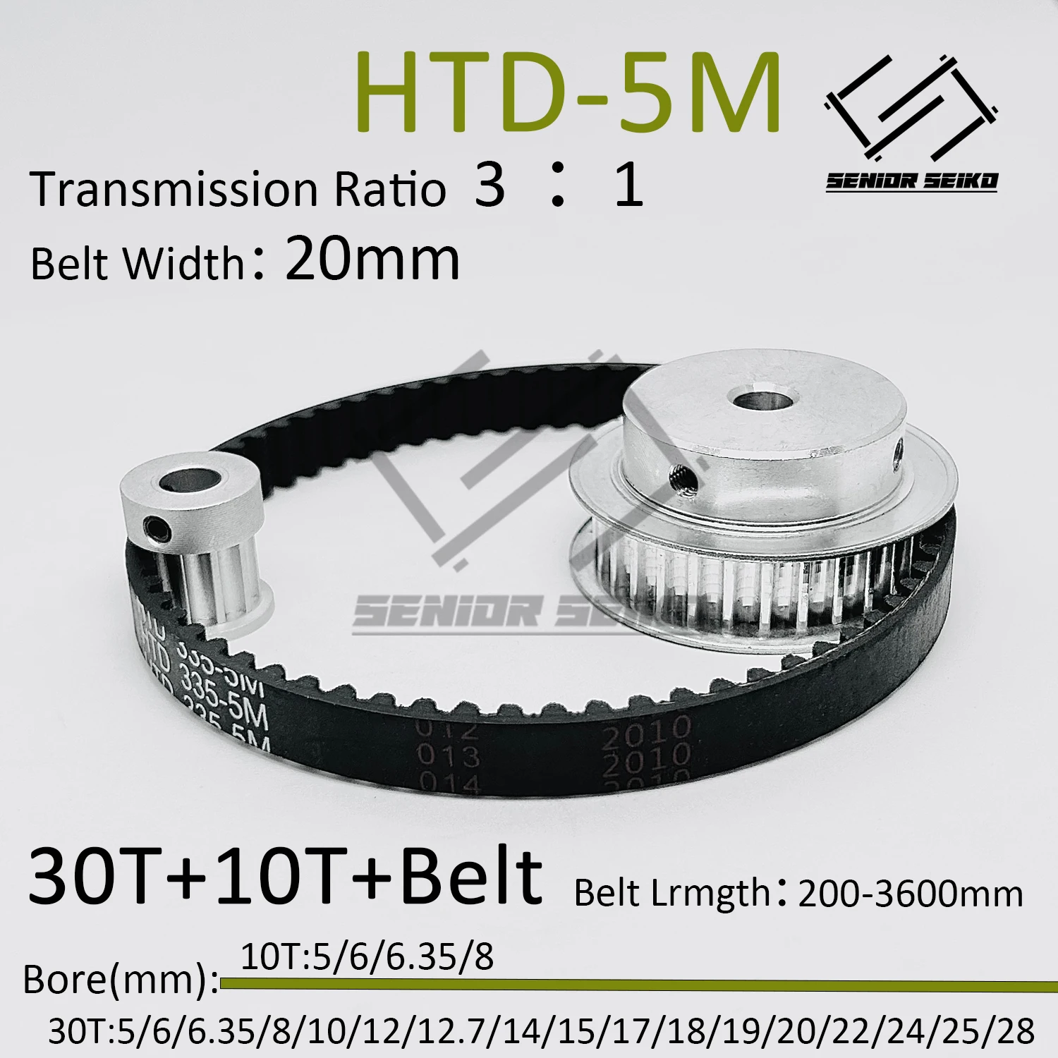 HTD5M 30Teeth 10T Timing Pulley Belt Set Belt Width 20mm Bore 5~28mm Reduction 3:1 Deceleration 5M Pulley Kit Synchronous Wheel