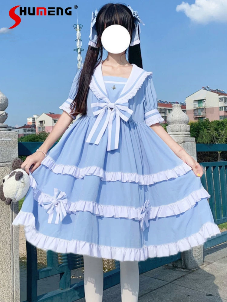 

Japanese College Style Lolita Sweet Princess Dress Summer 2024 Student Girl Doll Collar Puff Sleeve Bow A-line Cake Dress Women