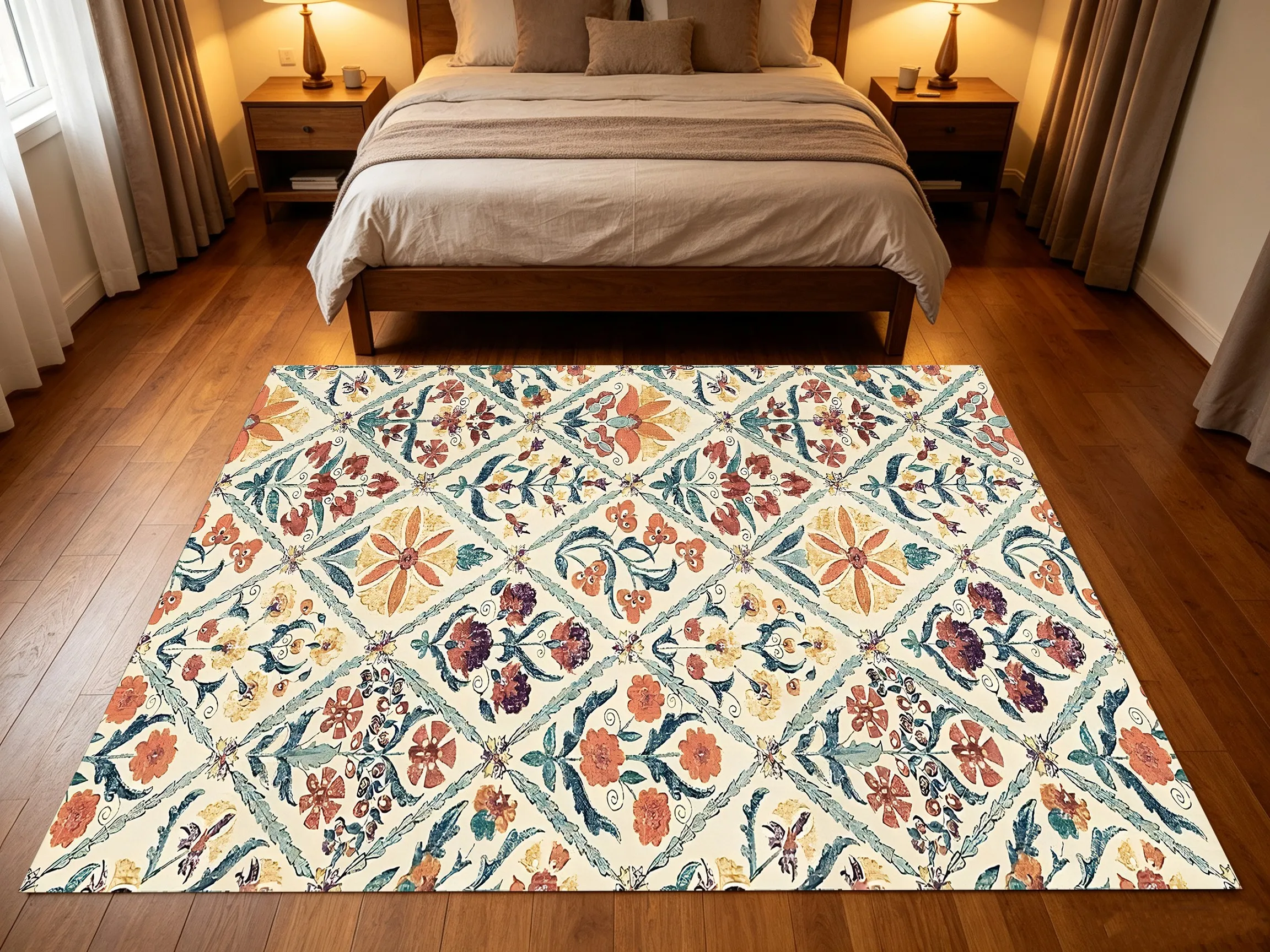 Retro Floral Diamond Bohemian Velvet Rug, Romantic Healing Spring Decor for Living Room, Bedroom & Entryway