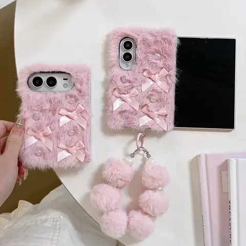 Pink Bowtie Pearl Bracelet Plush Phone Case for iPhone Dou- Cute Furry Cover with Handle Protection