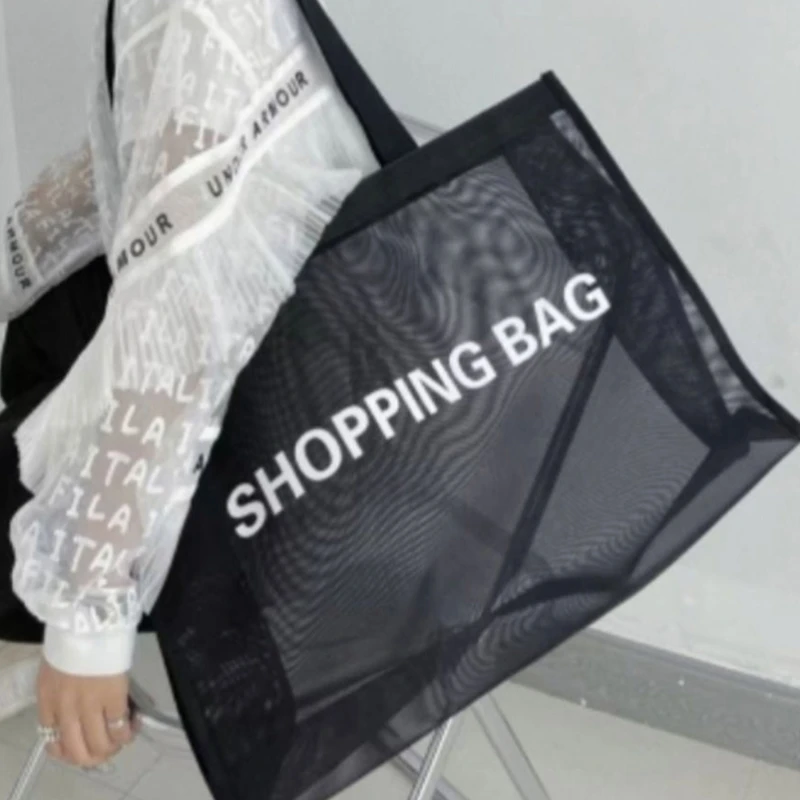 Bolsa de compras de malha transparente preta para mulheres, grande capacidade, nylon, shopping, praia, fitness, ioga, bolsa de ombro, organizador