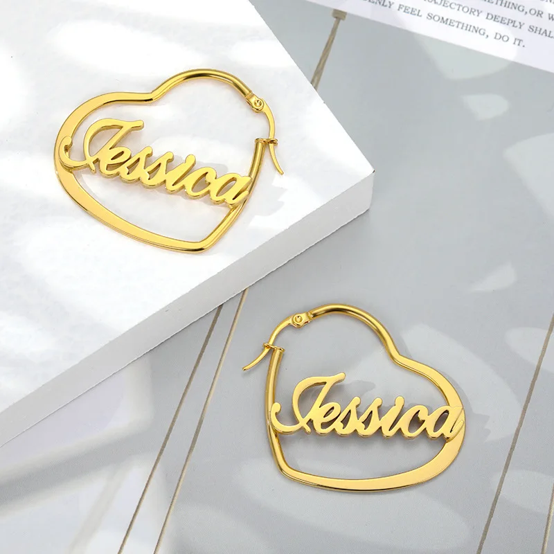 

MIGALofe Custom Name Earrings Gold Heart Nameplate Hoop Girls Pendant Earrings 18K Plated Stainless Steel Studs Making Girl Gift