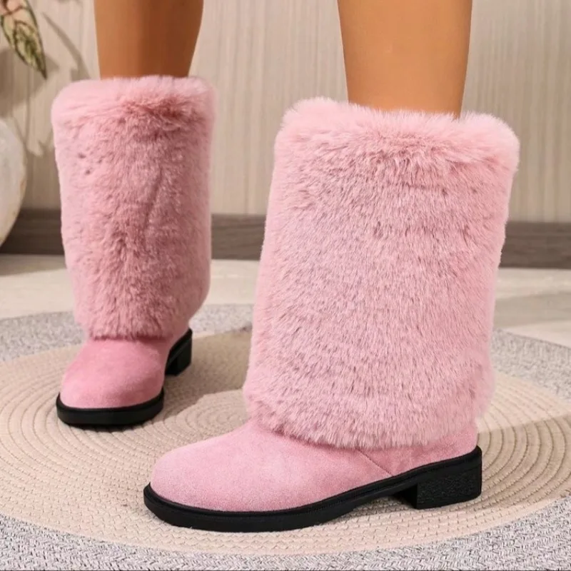 

Plush Sleeve Soft Sole Non-slip Low Heel Cotton Shoes Fashion Round Toe Suede Warm Mid-leg Boots