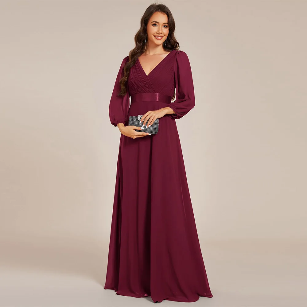 

Customized Women's Chiffon A-Line Floor Length V Neck Long Sleeves Pleated Formal Evening Dress Mother of The Bride Dress 2025
