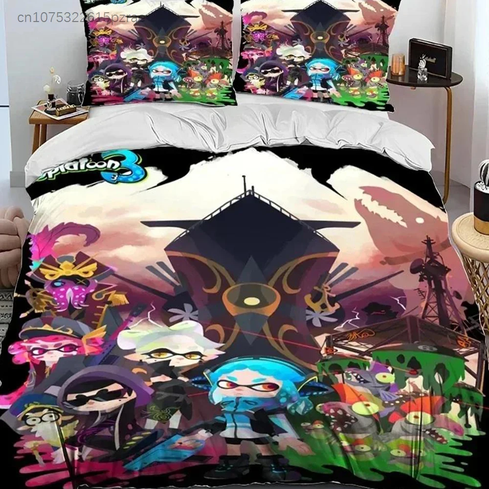 3D Print S-Splatoon Cartoon Bedding Set Printed Bed Set With Pillowcase Bed Duvet Cover Soft Queen King Size Bedclothes Home