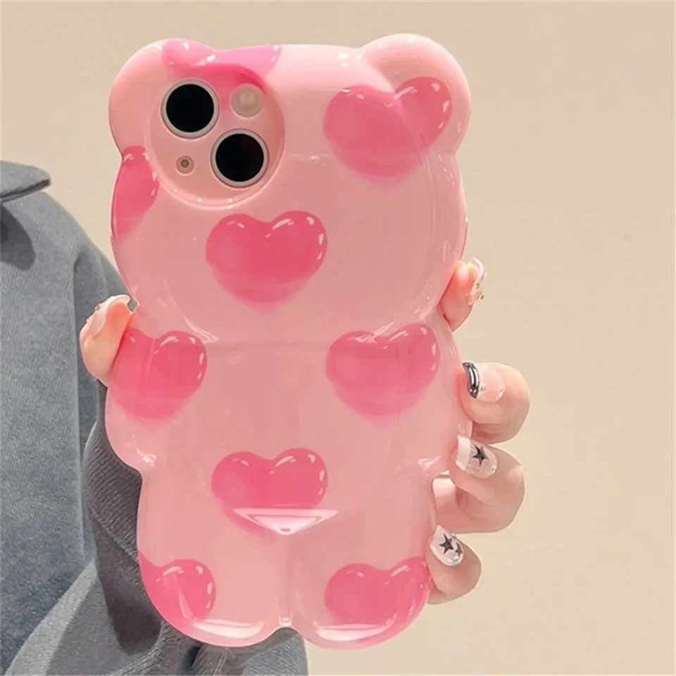 Korean Cute 3D Bear Heart Phone Case For iPhone 15 Pro Max 14 13 12 11 Pro Xs Max X Xr Cute Lens Protection Phone Case Girl