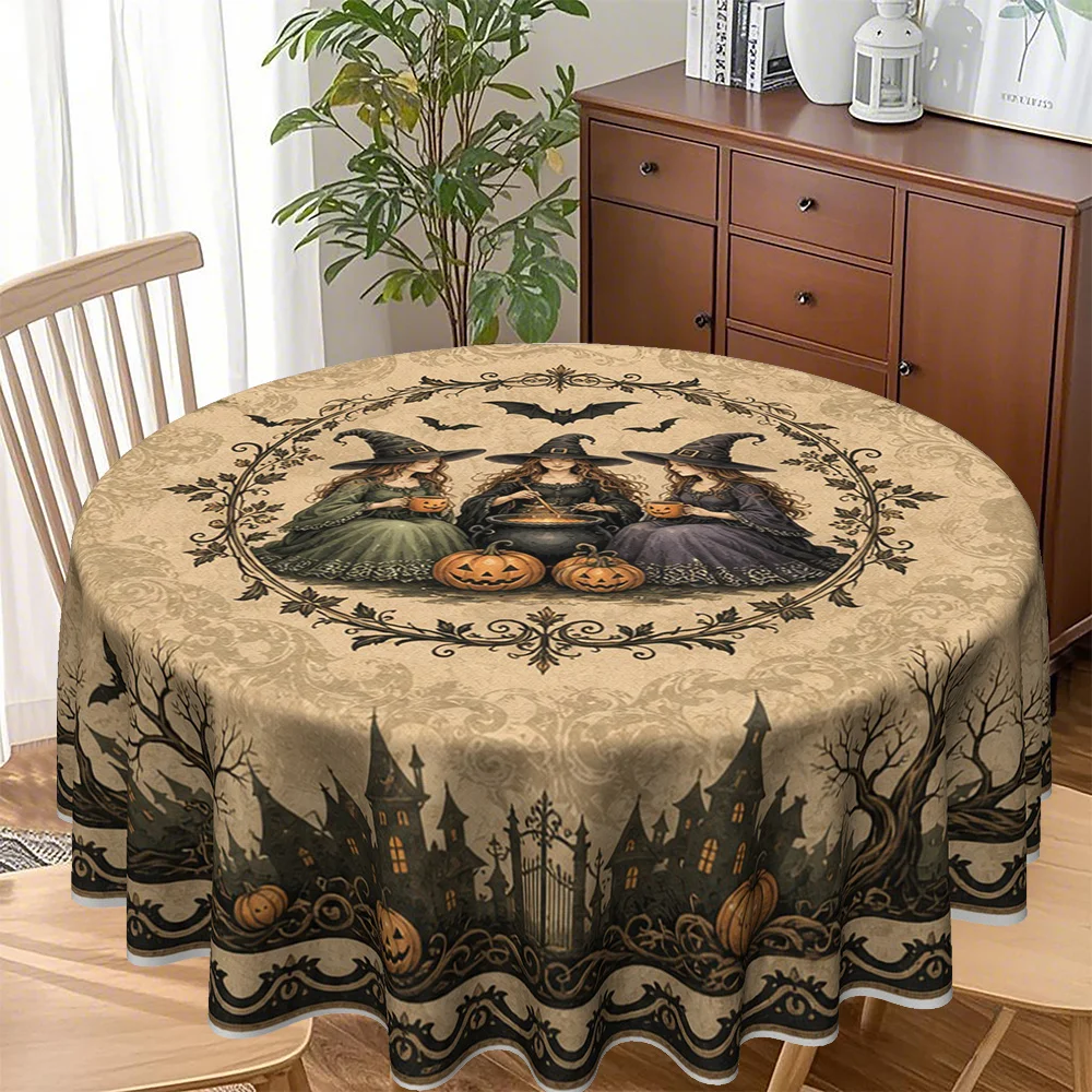 One Gothic-style tablecloth with a beige and black witch-themed design, 2D printed.zyc