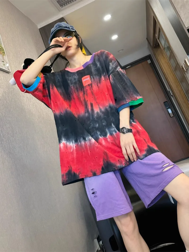 Summer Round Neck Mid-Length Short-Sleeved Tie-Dyed Color T-shirts Loose All-Match Cotton Tees Cool Popular Top Women's T Shirt