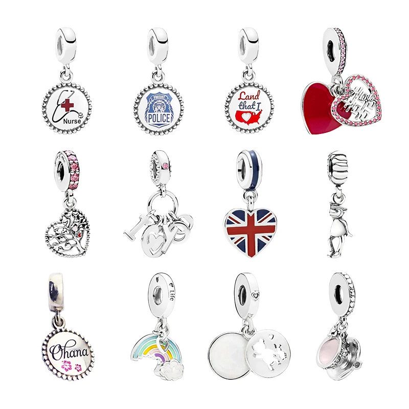 925 Silver Pendants Charms For Women Bracelets DIY Nurse Police Happiness Tree Rainbow Love Hearts Britain Flags Monkey Tea Cup