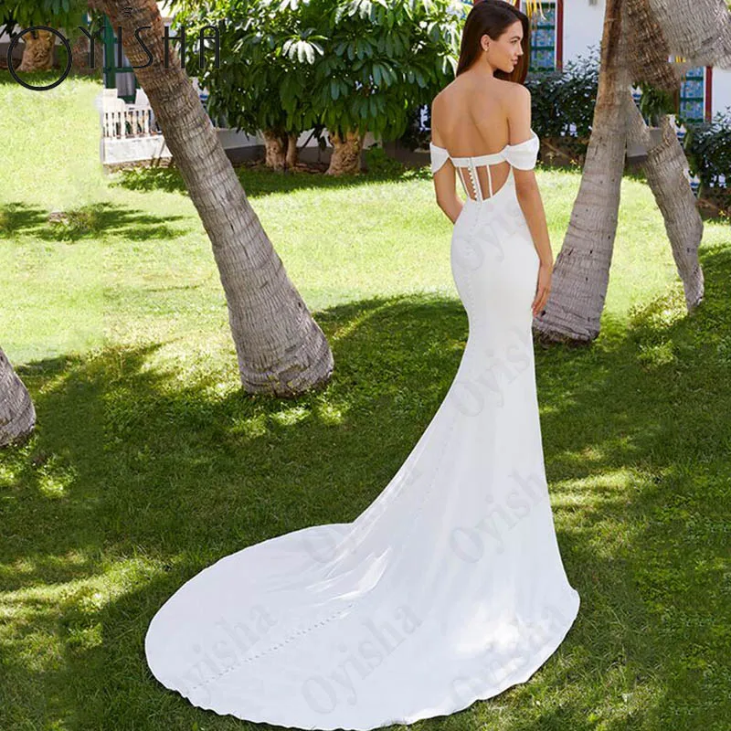 Oyisha-vestidos De Novia De satén con hombros descubiertos para mujer, traje De Novia De sirena con escote Corazón, Espalda descubierta, botones, hecho a medida Vestido de novia de satén al aire libre para mujeres swee