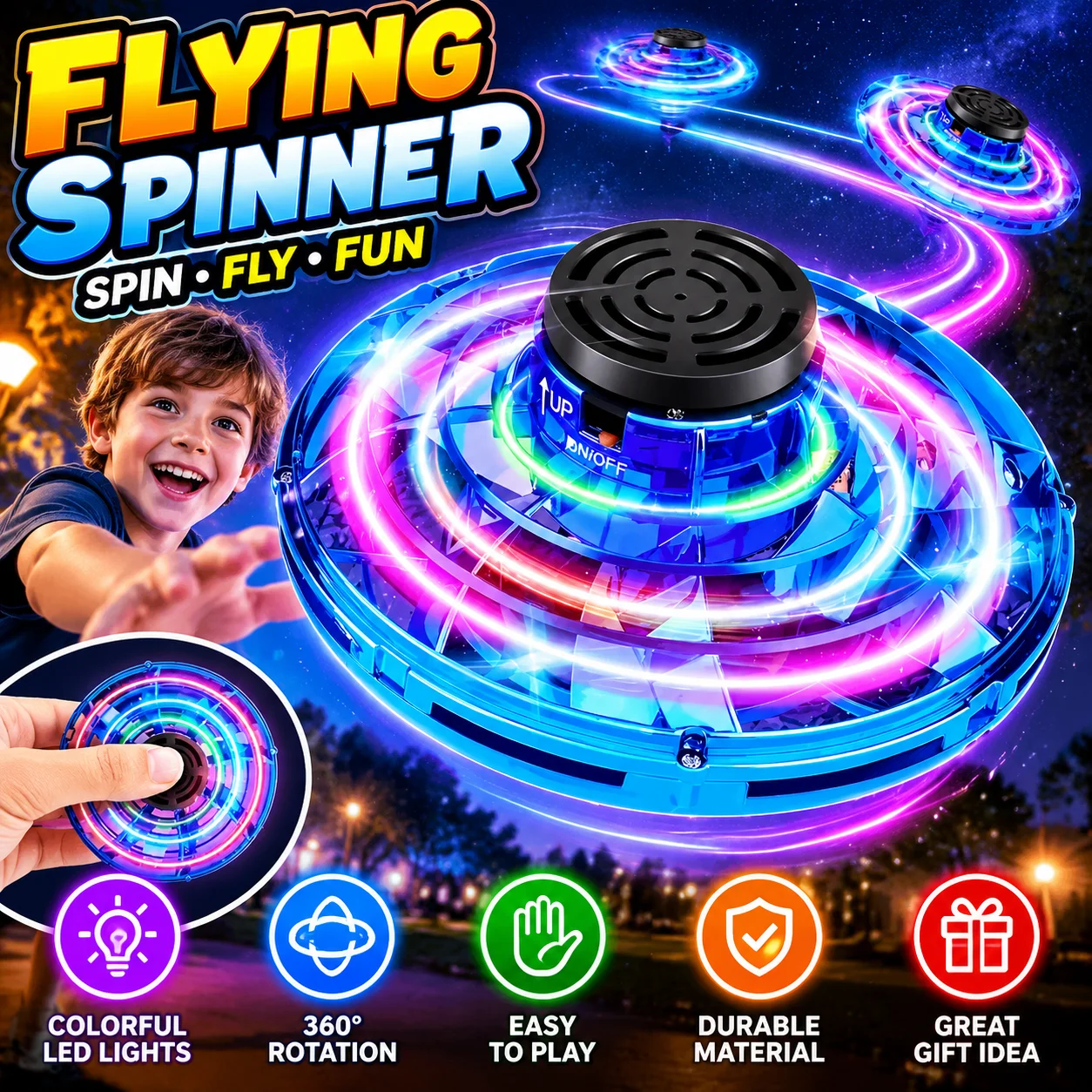 NEW LED  UFO Spinner Fingertip, Upgrade Flight Helicopter Gyro Flyorb Hover Ball, Mini Drone Aircraft Toy, Christmas Gift