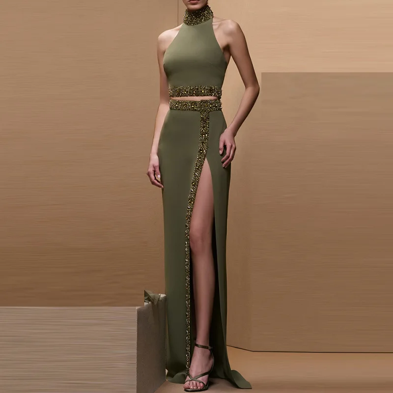 

Spring And Summer New Style Heavy-Duty Beaded And Diamond-Encrusted Sleeveless Halter Vest Top Slit Long Skirt Two-Piece Set
