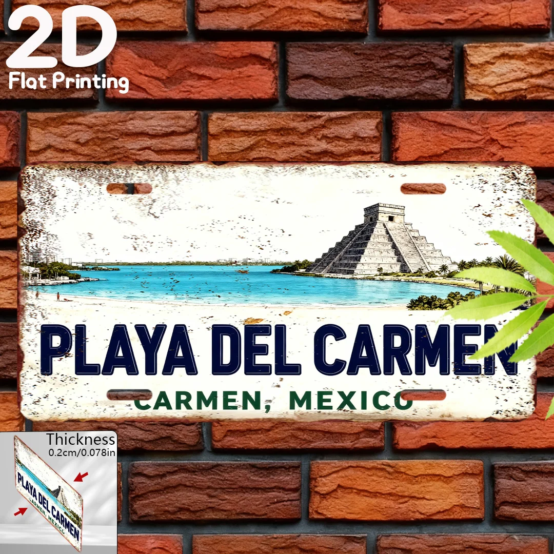 2D Flat - 1pc 2D Flat Printing Retro Aluminum Sign | Playa del Carmen Mexico City Decorative Plaque & Statues, 6