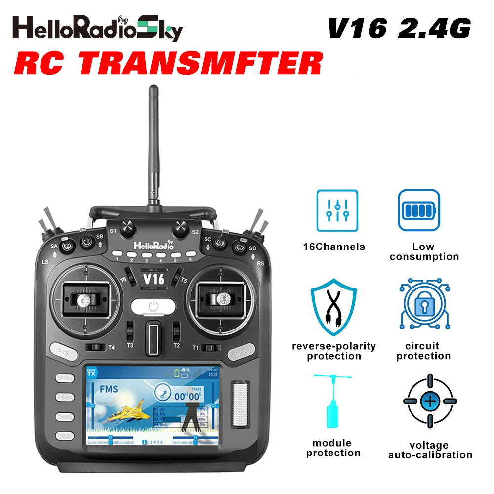 

HelloRadibsky V16 Совместимый пульт дистанционного управления 16-канальный 2,4 ГГц 4,3-дюймовый дисплей для радиоуправляемого автомобиля, лодки, дрона