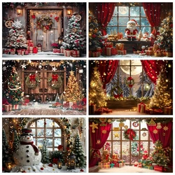 Merry Christmas Backdrop Photography Winter Wood Window Door Xmas Tree Background Party Decor Family Portrait Photobooth Props