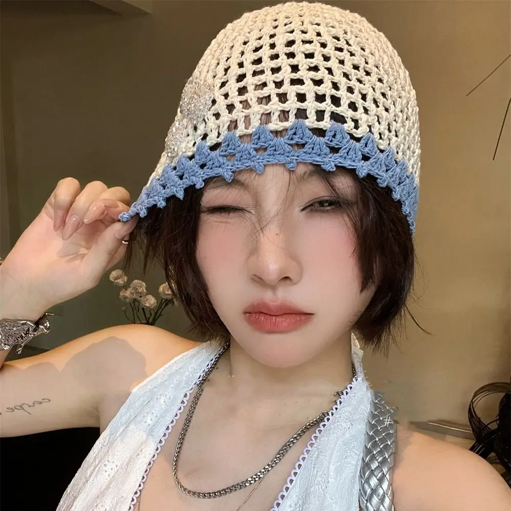 

Casual Handmade Crochet Flower Hat Bohemian Style Korean Beanies Hat Ethnic Style Thin Weave Cap Outdoor
