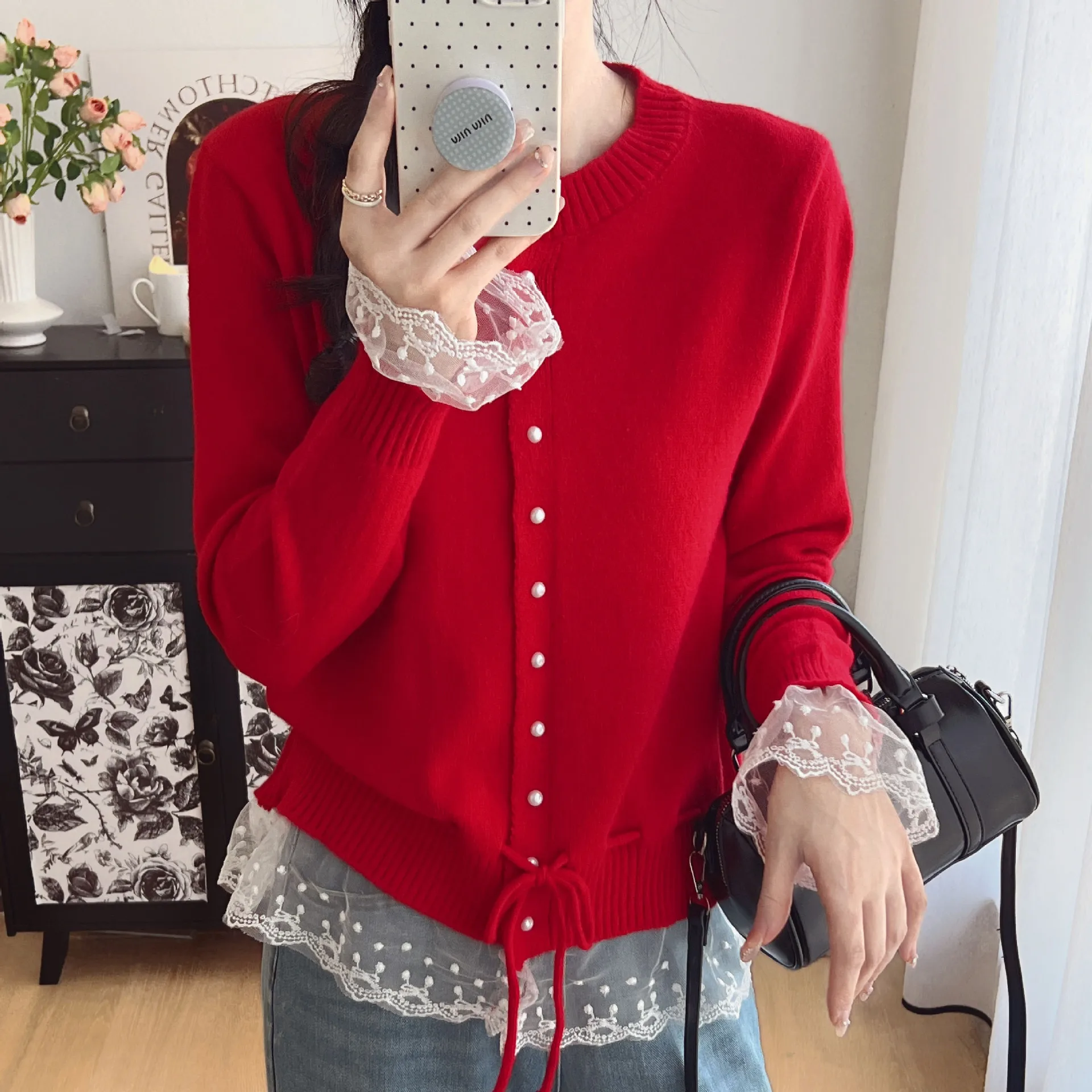 Koronkowy sweter patchworkowy dla kobiet Jesienno-zimowa nowa kolekcja Top z dzianiny z wąską talią