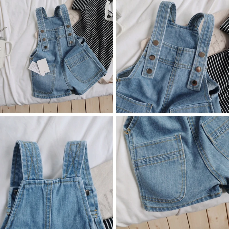 Nieuwe baby mouwloze bodysuit meisjes zachte denim jumpsuit schattige peuter overalls riem shorts kinderkleding