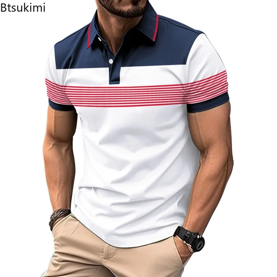 New Men's Business Striped Lapel Polo Shirt Male Button Placket Fashion Casual All-match Short Sleeve T-shirt Daily Commuter Top