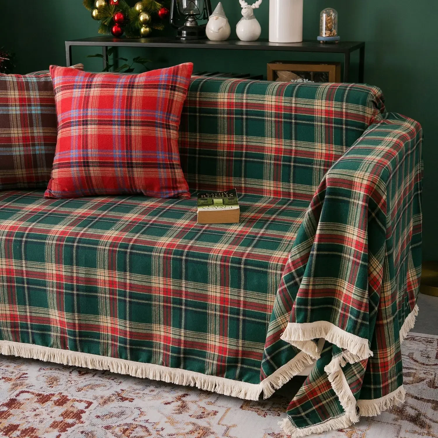 Christmas Decoration Green Plaid Color Sofa cover Woven Polyester Cotton Red Green Sofa blanket for Home Party Decor