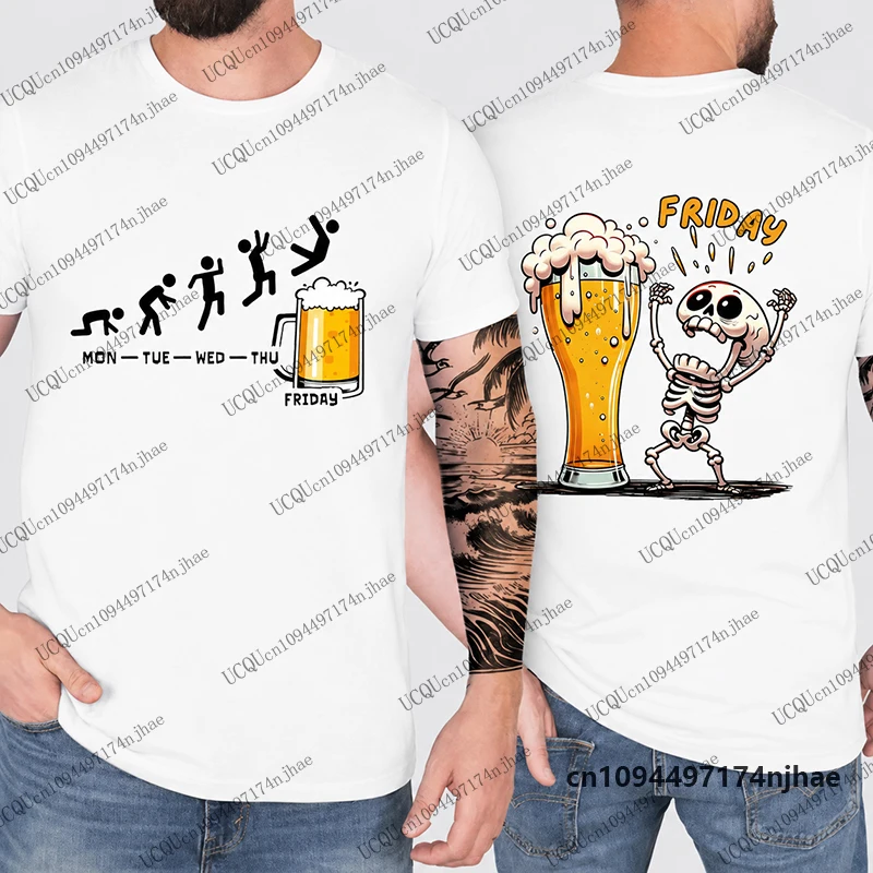 Funny Skeleton Enjoying Friday Beer Day Print Men's T-shirt Summer Finally Friday For Drink Lover Parent-Child Tees Kids Tops