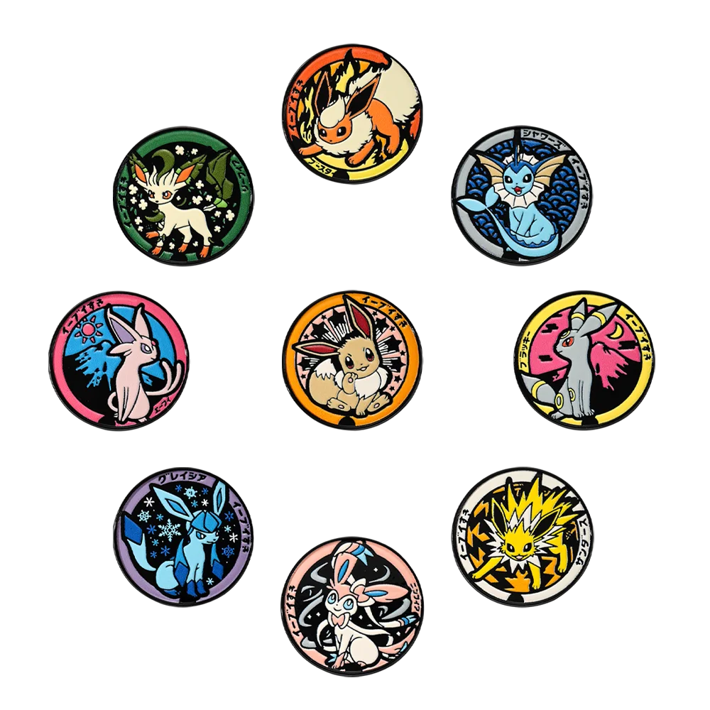 Eeveelutions Emaille-Pins-Set, 9-teilig, niedliche Eevee-Familien-Metallbroschen, Cartoon-Anime-Anstecknadeln für Rucksack- und Kleidungsdekoration – Detail 3