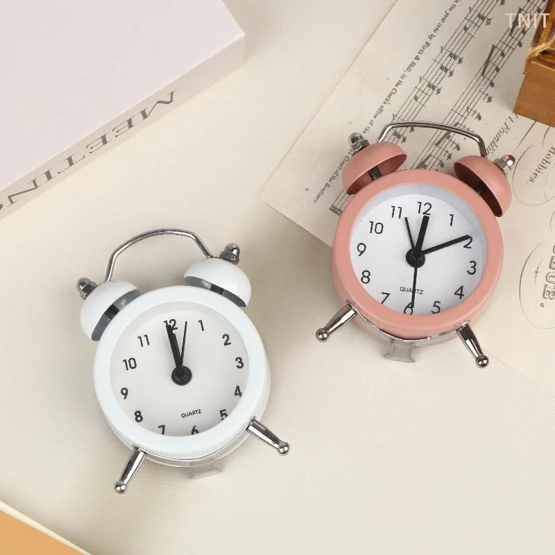 [J] Mini Retro Twin Bell Alarm Clock Simple Desktop Wake Up Clock Small Desk Clock For Students Bedroom Office Home Table Decor