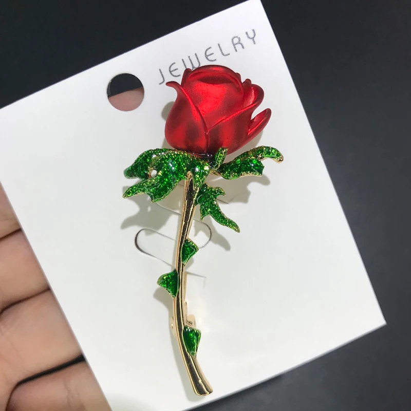 Wuli&baby Red Enamel Rose Flower For Women Lady Classic Beauty Flower Party Office Brooch Pin Gifts