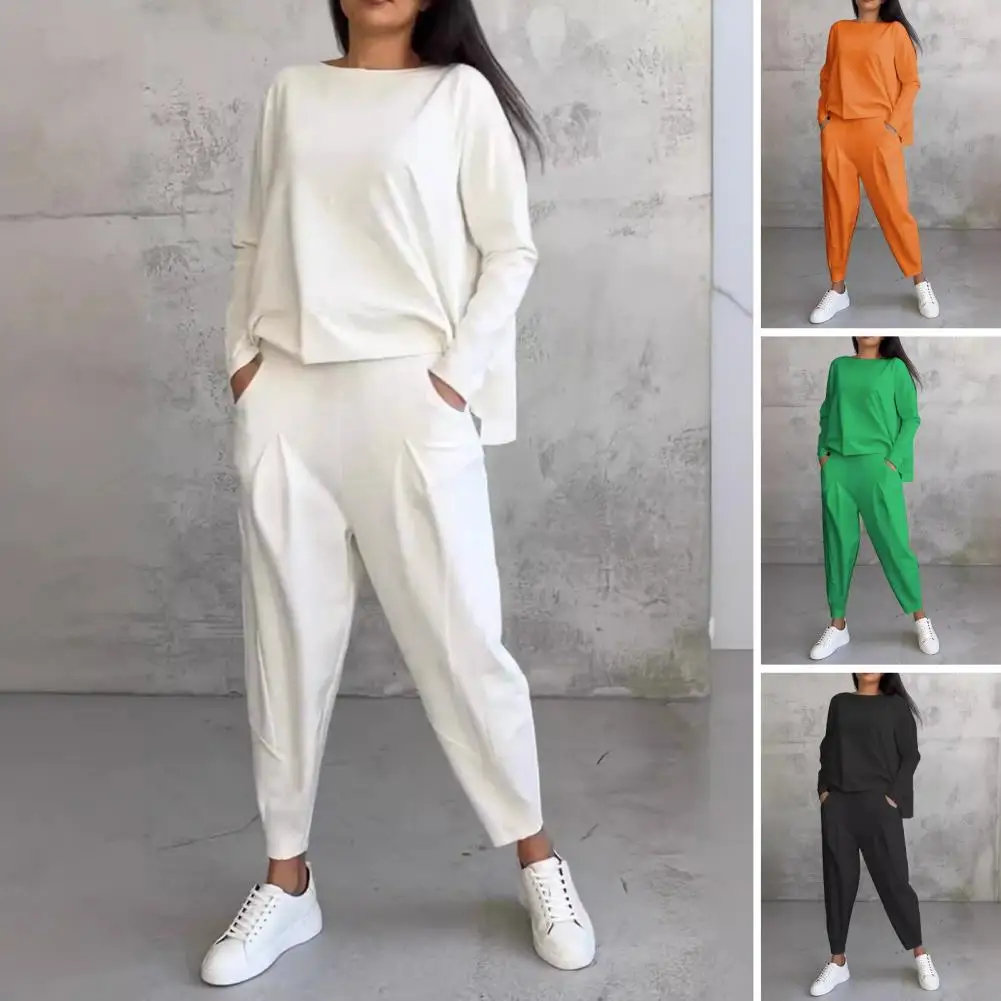 Two-piece Women Top Pants Set Long Sleeves T-shirt Elastic Waist Harem Trousers Commuting Sport Outfit casual loose pantsuit