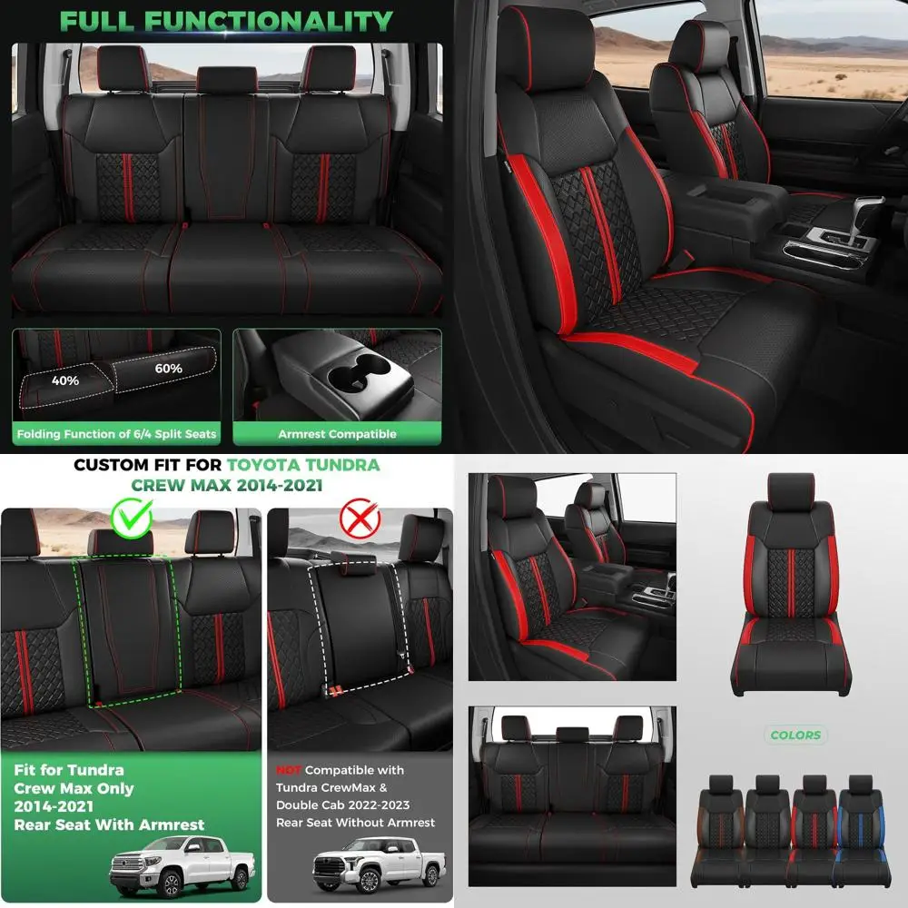 

Luxury Leather Custom Seat Covers Full Set for Crew Max Tundra 2014-2021, Black Red