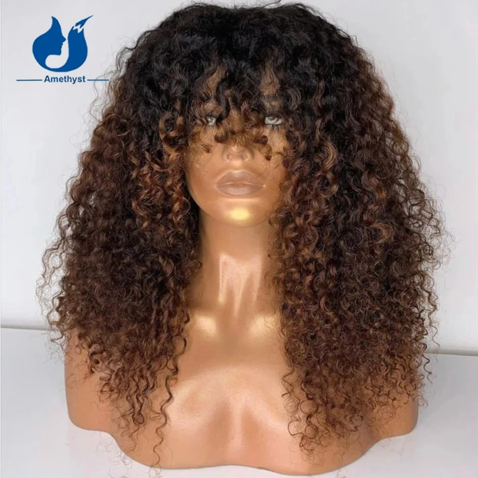 Ombre Brown Afro Kinky Curly Human Hair Bang Wig For Black Women Brazilian Scalp Top Full Machine Made Wig with Dark Root 250%