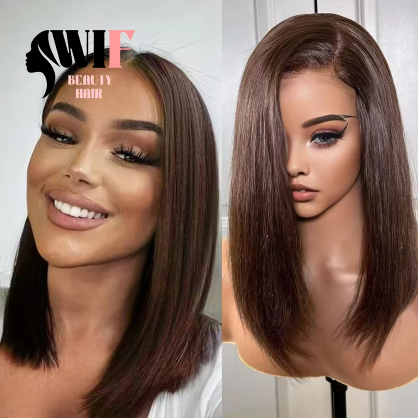 WIF Brown Bob Synthetic Lace Wig Short Straight Heat Resistant Brown Hair Lace Front Wigs Daily Makeup Use Brown Bob Hair