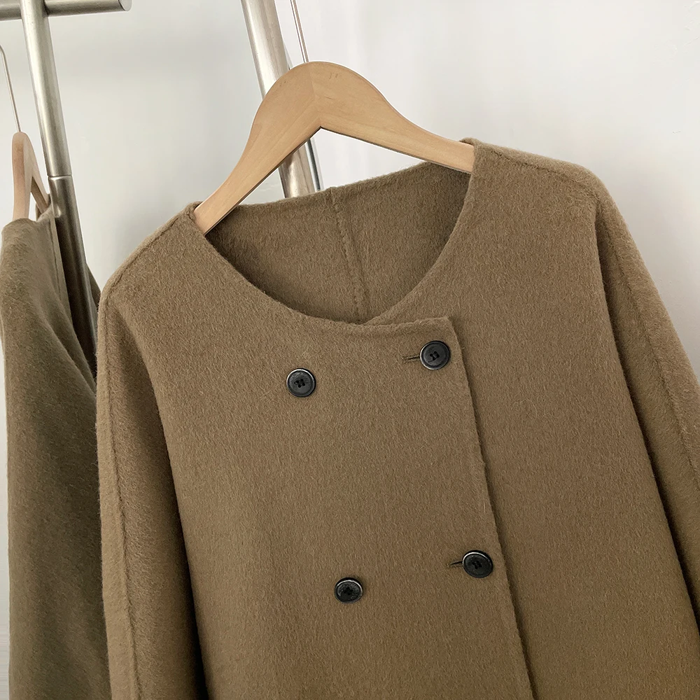 OFTBUY Neuer Damen-Doppelmantel aus Wolle mit Echten Fuchspelz-Manschetten Rundhals Warmer Winter Eleganter Modischer Wollmantel – Detail 9