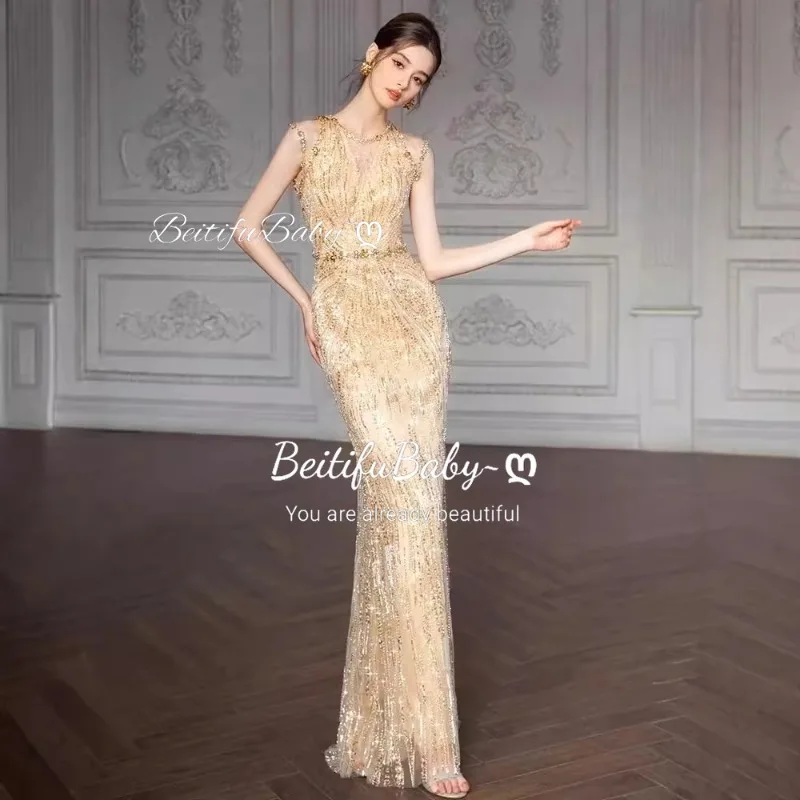 

BeitifuBaby Women's Golden Sequins Evening Dresses Round Neck Sleeveless Slimming Banquet Gown Formal Dress for Women Vestidos