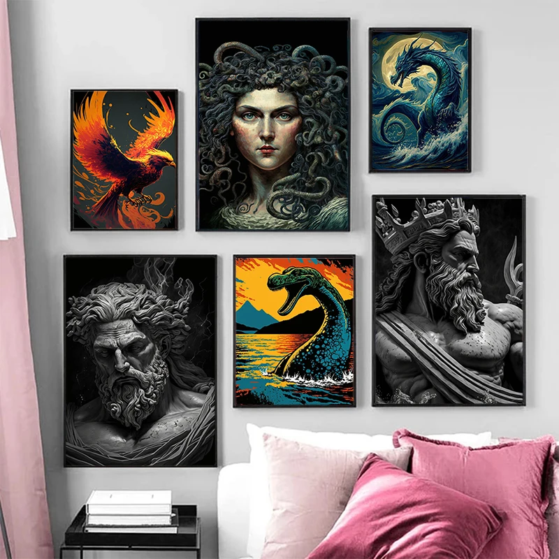 Medusa Loch Ness Monster Phoenix Poster Print Canvas Painting Mythical and Fantasy Wall Art Picture Living Room Home Decor Gift