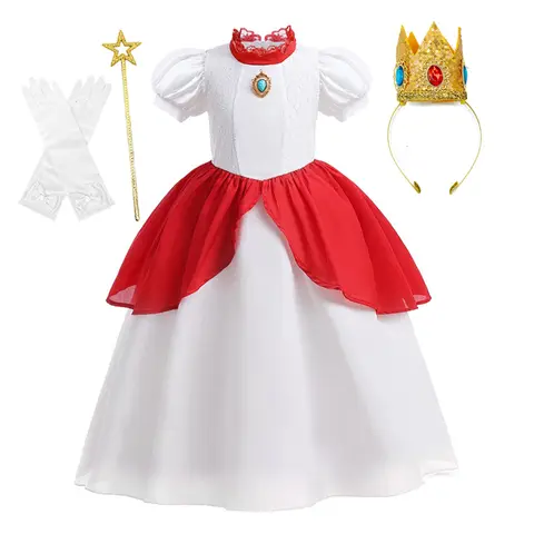 Abito cosplay da principessa pesca per ragazze Fantasia per bambini Abiti da festa di carnevale di Halloween Costume da spettacolo per matrimonio di compleanno per bambini