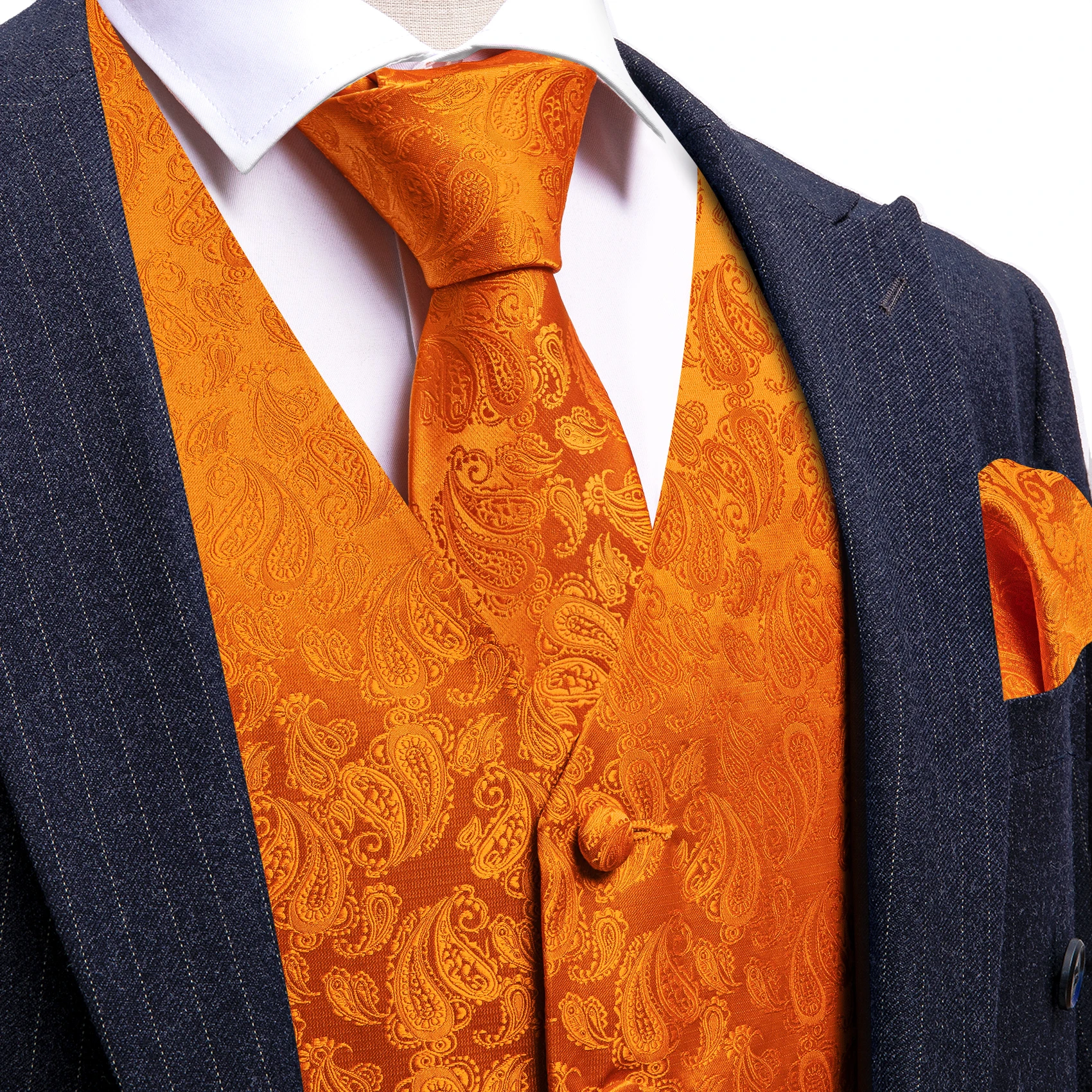 Luxury Vest for Men Orange Paisley Flower Waistcoat Tie Set Party Wedding Formal Business Sleeveless Jacket