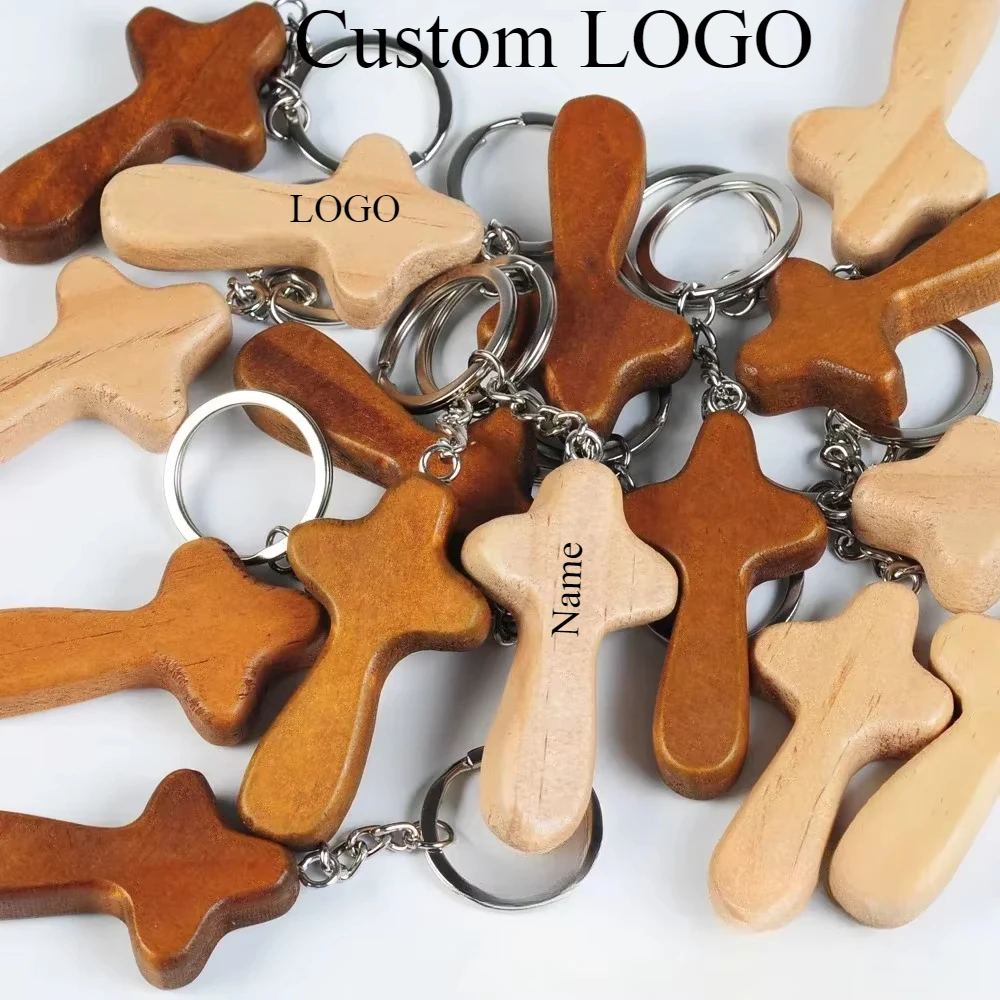 

Wholesale Jesus Christ Customized Logo Name Keyring Wooden Cross Keychain Personalized Necklace Pendant Decorate Key Chains Gift