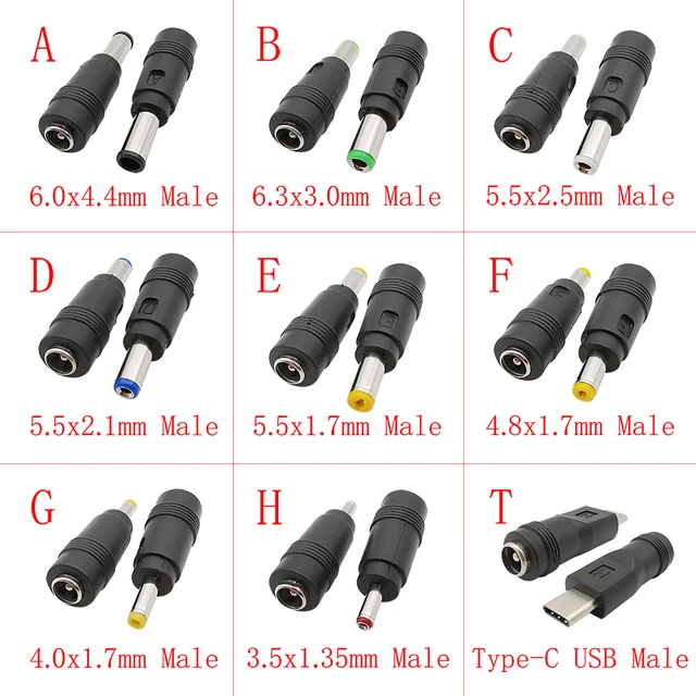 Adapter DC Power męski na żeński 6,0x4,4mm 6,3x3,0mm 5,5x2,5mm 5,5x2,1mm 5,5x1,7mm 4,8x1,7mm 4,0x1,7mm 3,5x1,35mm Złącze Lapto