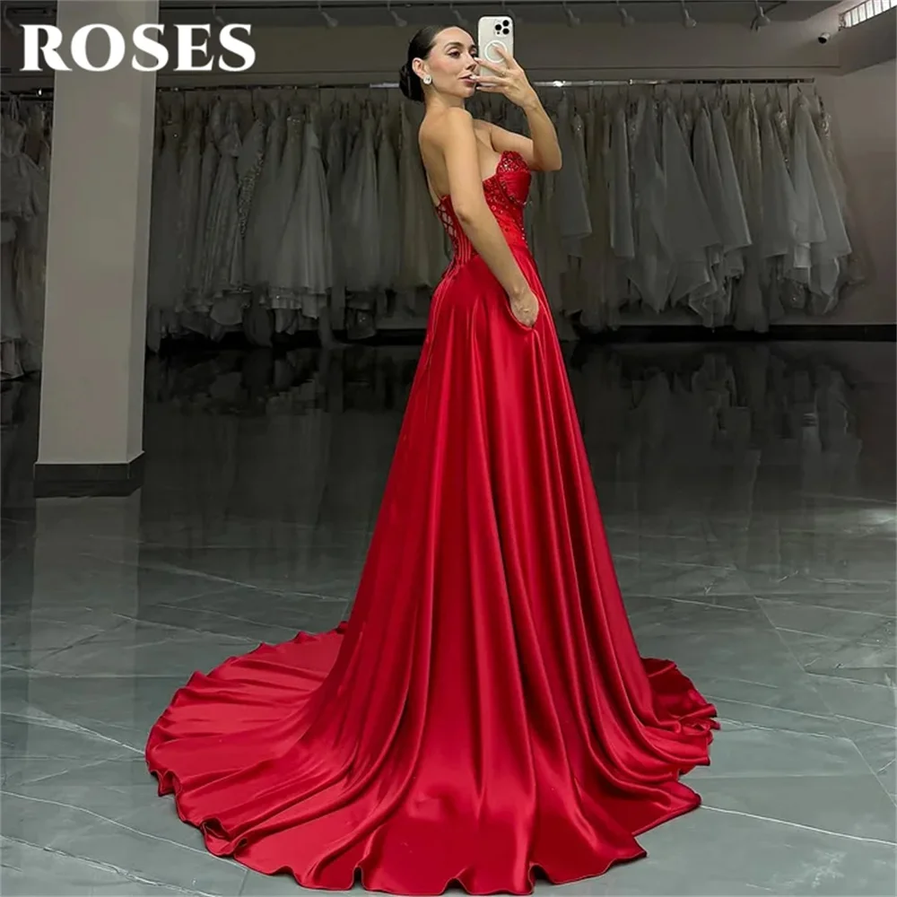 ROSES Red Party Dress Sweetheart A Line Evening Dresses Beading On Chest Prom Gown Side Split فساتين سهره Customized