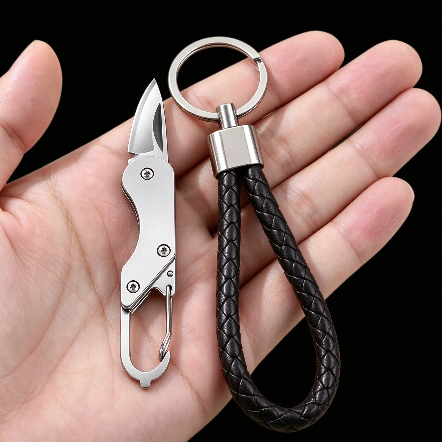 EDC Mini Folding Keychain Knife, Stainless Steel Pocket Cutter with Carabiner & Leather Keyring for Camping Daily Cutting