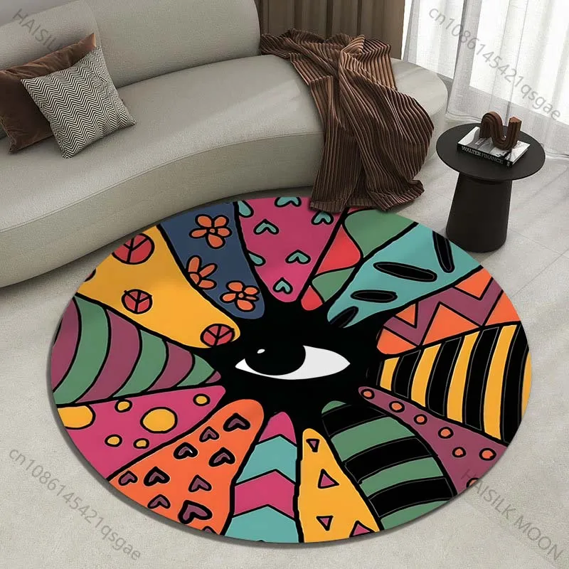 Colorful geometric patterns surrounding a black-and-white eye Printed round carpet living room sofa table carpet large pet mat
